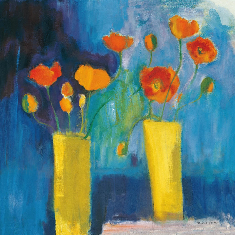 Cadmium Orange Poppies on Blue by Michael Clark