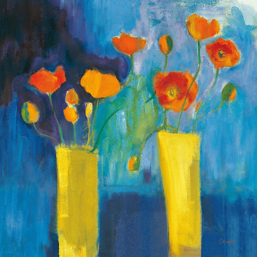 Cadmium Orange Poppies on Blue V2 Canvas by Michael Clark