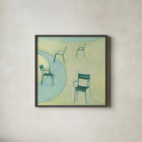 Chairs I by Michael Clark. Shown in a sleek black glass frame for a contemporary gallery look. Available as an archival giclee rolled canvas, fine art paper, or poster print. SKU 27492a.