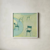 Chairs I by Michael Clark. Shown in a crisp white glass frame for a clean and minimalist style. Available as an archival giclee rolled canvas, fine art paper, or poster print. SKU 27492a.