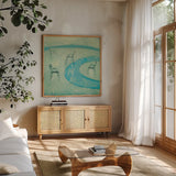 Chairs II by Michael Clark. Shown in a natural wood frame in a cozy modern living room. Available as an archival giclee rolled canvas, fine art paper, or poster print. SKU 27491a.