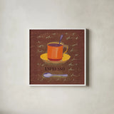 Espresso by Michael Clark. Shown in a crisp white glass frame for a clean and minimalist style. Available as an archival giclee rolled canvas, fine art paper, or poster print. SKU 27436a.