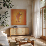 Latte by Michael Clark. Shown in a natural wood frame in a cozy modern living room. Available as an archival giclee rolled canvas, fine art paper, or poster print. SKU 27440a.