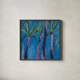 Palm Trees by Michael Clark. Shown in a sleek black glass frame for a contemporary gallery look. Available as an archival giclee rolled canvas, fine art paper, or poster print. SKU 27497a.