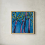 Palm Trees by Michael Clark. Shown in a natural wood glass frame for a timeless modern aesthetic. Available as an archival giclee rolled canvas, fine art paper, or poster print. SKU 27497a.