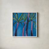 Palm Trees by Michael Clark. Shown in a crisp white glass frame for a clean and minimalist style. Available as an archival giclee rolled canvas, fine art paper, or poster print. SKU 27497a.
