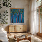 Palm Trees by Michael Clark. Shown in a natural wood frame in a cozy modern living room. Available as an archival giclee rolled canvas, fine art paper, or poster print. SKU 27497a.
