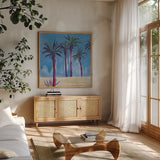 Palm Trees Morocco by Michael Clark. Shown in a natural wood frame in a cozy modern living room. Available as an archival giclee rolled canvas, fine art paper, or poster print. SKU 27495a.