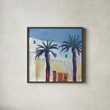 Palm Trees and Rugs by Michael Clark. Shown in a sleek black glass frame for a contemporary gallery look. Available as an archival giclee rolled canvas, fine art paper, or poster print. SKU 27496a.
