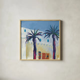 Palm Trees and Rugs by Michael Clark. Shown in a natural wood glass frame for a timeless modern aesthetic. Available as an archival giclee rolled canvas, fine art paper, or poster print. SKU 27496a.