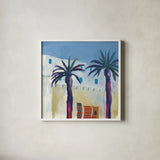 Palm Trees and Rugs by Michael Clark. Shown in a crisp white glass frame for a clean and minimalist style. Available as an archival giclee rolled canvas, fine art paper, or poster print. SKU 27496a.