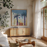 Palm Trees and Rugs by Michael Clark. Shown in a natural wood frame in a cozy modern living room. Available as an archival giclee rolled canvas, fine art paper, or poster print. SKU 27496a.