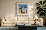Palm Trees and Rugs by Michael Clark. Displayed in a glass frame with matte in a clean modern living room. Available as an archival giclee rolled canvas, fine art paper, or poster print. SKU 27496a.