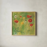 Poppies in Light Breeze by Michael Clark. Shown in a natural wood glass frame for a timeless modern aesthetic. Available as an archival giclee rolled canvas, fine art paper, or poster print. SKU 8730a.