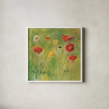 Poppies in Light Breeze by Michael Clark. Shown in a crisp white glass frame for a clean and minimalist style. Available as an archival giclee rolled canvas, fine art paper, or poster print. SKU 8730a.