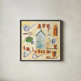 Potting Shed by Michael Clark. Shown in a sleek black glass frame for a contemporary gallery look. Available as an archival giclee rolled canvas, fine art paper, or poster print. SKU 27489a.