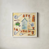Potting Shed by Michael Clark. Shown in a crisp white glass frame for a clean and minimalist style. Available as an archival giclee rolled canvas, fine art paper, or poster print. SKU 27489a.