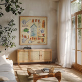Potting Shed by Michael Clark. Shown in a natural wood frame in a cozy modern living room. Available as an archival giclee rolled canvas, fine art paper, or poster print. SKU 27489a.