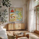 Sailmakers by Michael Clark. Shown in a natural wood frame in a cozy modern living room. Available as an archival giclee rolled canvas, fine art paper, or poster print. SKU 27478a.