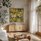 The Color of Spring by Michael Clark. Shown in a natural wood frame in a cozy modern living room. Available as an archival giclee rolled canvas, fine art paper, or poster print. SKU 27466a.
