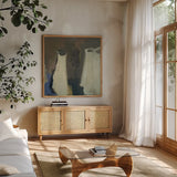 The Fitting I by Michael Clark. Shown in a natural wood frame in a cozy modern living room. Available as an archival giclee rolled canvas, fine art paper, or poster print. SKU 103106a.