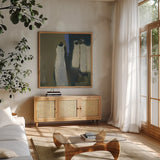 The Fitting II by Michael Clark. Shown in a natural wood frame in a cozy modern living room. Available as an archival giclee rolled canvas, fine art paper, or poster print. SKU 103107a.
