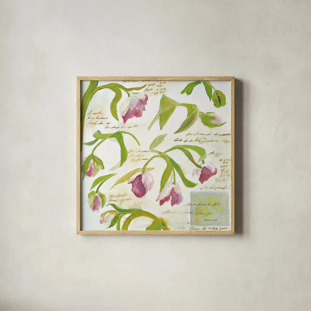 Tulips by Michael Clark. Shown in a natural wood glass frame for a timeless modern aesthetic. Available as an archival giclee rolled canvas, fine art paper, or poster print. SKU 27458a.
