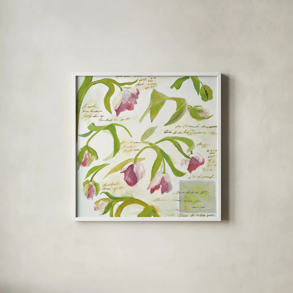 Tulips by Michael Clark. Shown in a crisp white glass frame for a clean and minimalist style. Available as an archival giclee rolled canvas, fine art paper, or poster print. SKU 27458a.