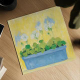 Window Box with Geraniums by Michael Clark. Shown as a detailed flat fine art print, highlighting archival giclee quality. Available as an archival giclee rolled canvas, fine art paper, or poster print. SKU 8723a.