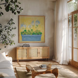 Window Box with Geraniums by Michael Clark. Shown in a natural wood frame in a cozy modern living room. Available as an archival giclee rolled canvas, fine art paper, or poster print. SKU 8723a.