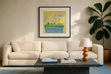 Window Box with Geraniums by Michael Clark. Displayed in a glass frame with matte in a clean modern living room. Available as an archival giclee rolled canvas, fine art paper, or poster print. SKU 8723a.
