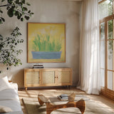 Window Box with Narcissi by Michael Clark. Shown in a natural wood frame in a cozy modern living room. Available as an archival giclee rolled canvas, fine art paper, or poster print. SKU 8722a.