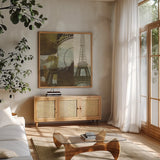 Abstract Tower by Michael Mullan. Shown in a natural wood frame in a cozy modern living room. Available as an archival giclee rolled canvas, fine art paper, or poster print. SKU 51541a.