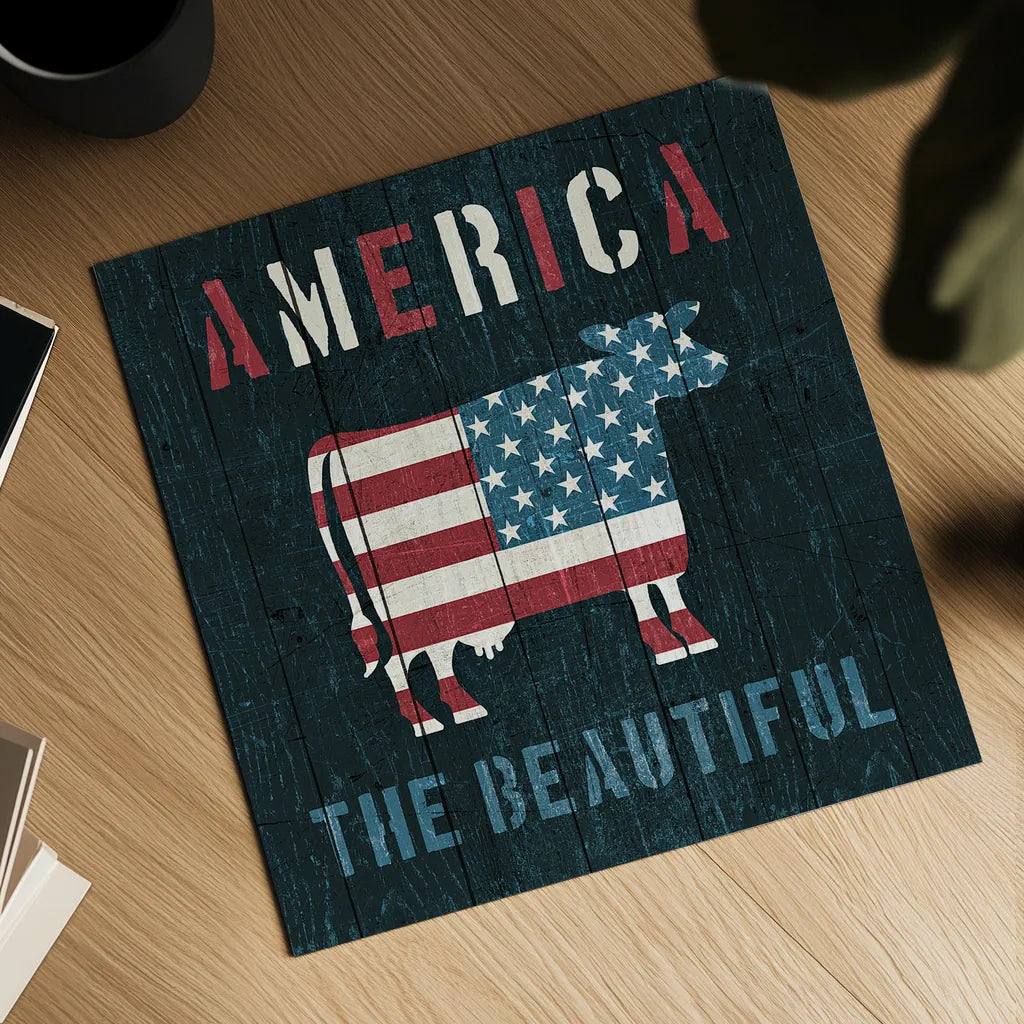 American Farm Cow by Michael Mullan. Shown as a detailed flat fine art print, highlighting archival giclee quality. Available as an archival giclee rolled canvas, fine art paper, or poster print. SKU 17541a.