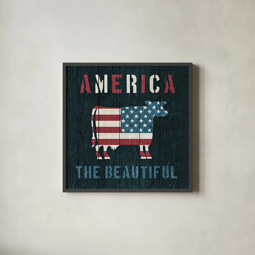 American Farm Cow by Michael Mullan. Shown in a sleek black glass frame for a contemporary gallery look. Available as an archival giclee rolled canvas, fine art paper, or poster print. SKU 17541a.