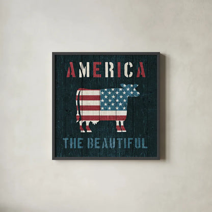 American Farm Cow by Michael Mullan. Shown in a sleek black glass frame for a contemporary gallery look. Available as an archival giclee rolled canvas, fine art paper, or poster print. SKU 17541a.