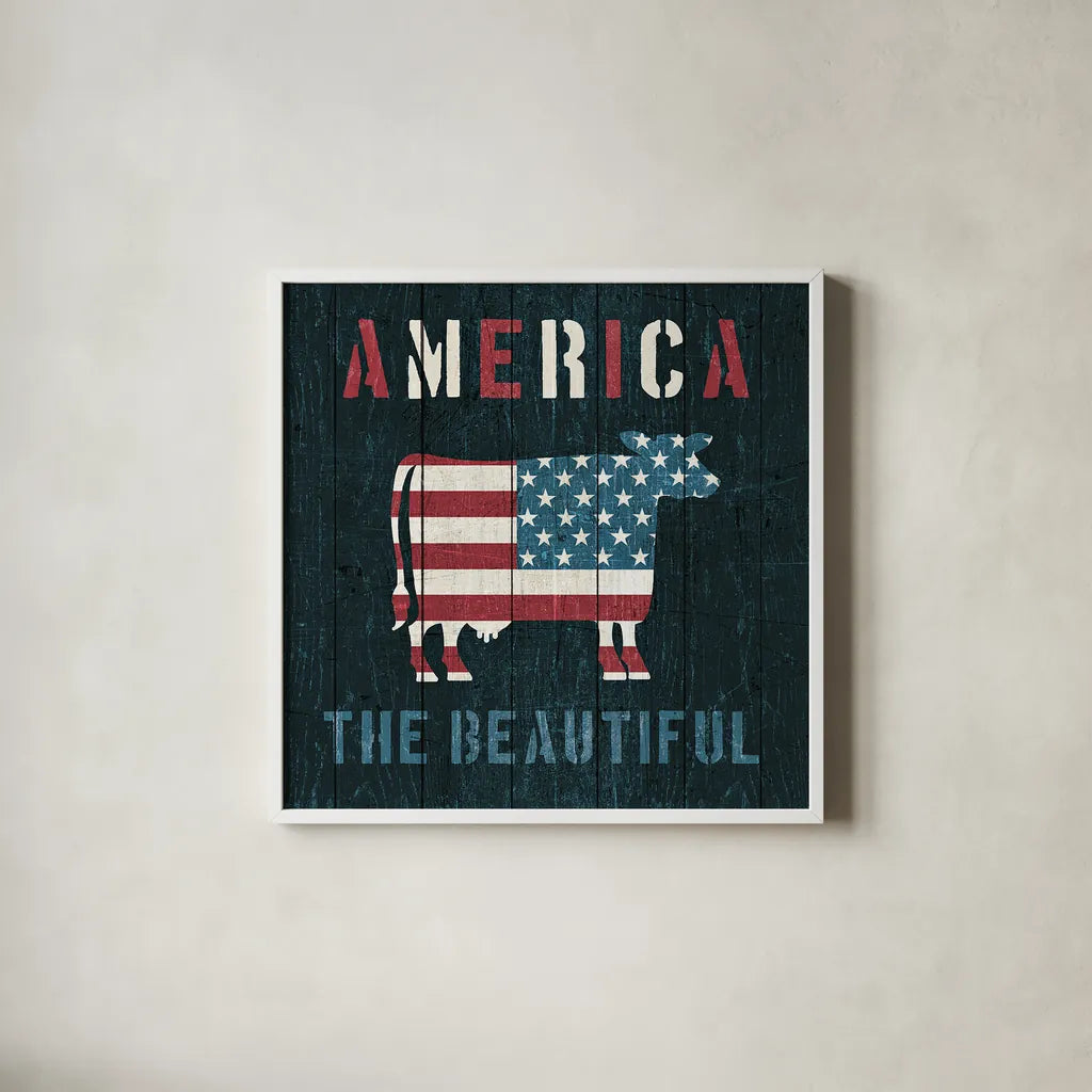 American Farm Cow by Michael Mullan. Shown in a crisp white glass frame for a clean and minimalist style. Available as an archival giclee rolled canvas, fine art paper, or poster print. SKU 17541a.