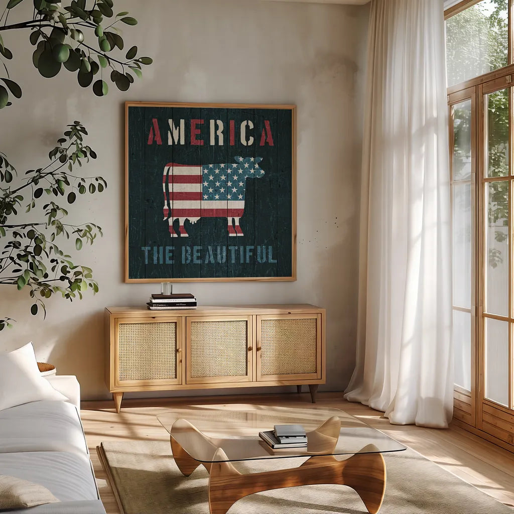 American Farm Cow by Michael Mullan. Shown in a natural wood frame in a cozy modern living room. Available as an archival giclee rolled canvas, fine art paper, or poster print. SKU 17541a.