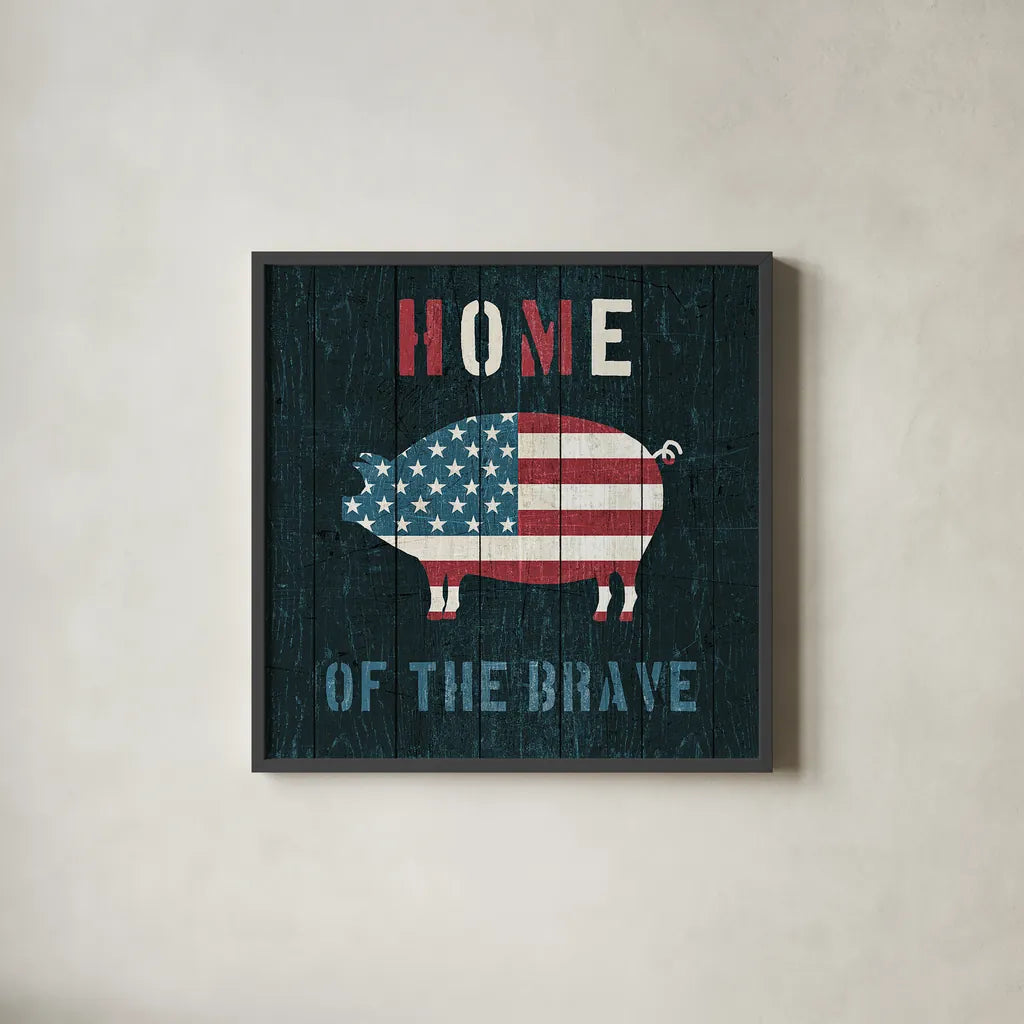 American Farm Pig by Michael Mullan. Shown in a sleek black glass frame for a contemporary gallery look. Available as an archival giclee rolled canvas, fine art paper, or poster print. SKU 17540a.