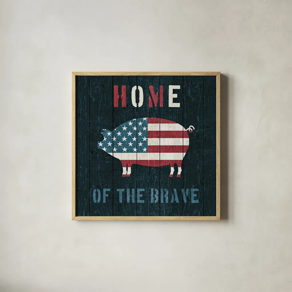 American Farm Pig by Michael Mullan. Shown in a natural wood glass frame for a timeless modern aesthetic. Available as an archival giclee rolled canvas, fine art paper, or poster print. SKU 17540a.