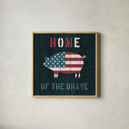 American Farm Pig by Michael Mullan. Shown in a natural wood glass frame for a timeless modern aesthetic. Available as an archival giclee rolled canvas, fine art paper, or poster print. SKU 17540a.