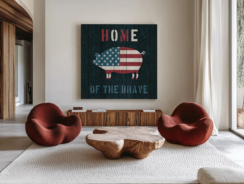 American Farm Pig by Michael Mullan. Shown as extra-large giant wall art in a modern living room. Available as an archival giclee rolled canvas, fine art paper, or poster print. SKU 17540a.