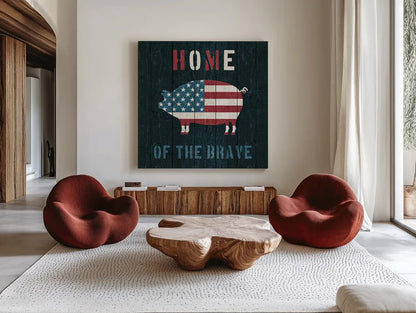 American Farm Pig by Michael Mullan. Shown as extra-large giant wall art in a modern living room. Available as an archival giclee rolled canvas, fine art paper, or poster print. SKU 17540a.