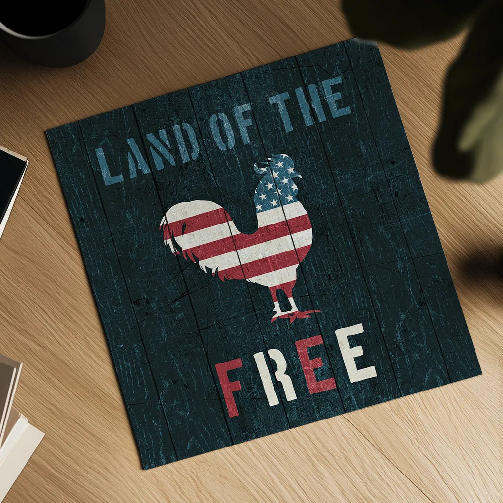 American Farm Rooster Red White and Blue by Michael Mullan. Shown as a detailed flat fine art print, highlighting archival giclee quality. Available as an archival giclee rolled canvas, fine art paper, or poster print. SKU 17539a.