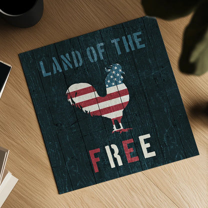 American Farm Rooster Red White and Blue by Michael Mullan. Shown as a detailed flat fine art print, highlighting archival giclee quality. Available as an archival giclee rolled canvas, fine art paper, or poster print. SKU 17539a.