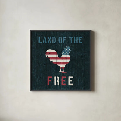 American Farm Rooster Red White and Blue by Michael Mullan. Shown in a sleek black glass frame for a contemporary gallery look. Available as an archival giclee rolled canvas, fine art paper, or poster print. SKU 17539a.