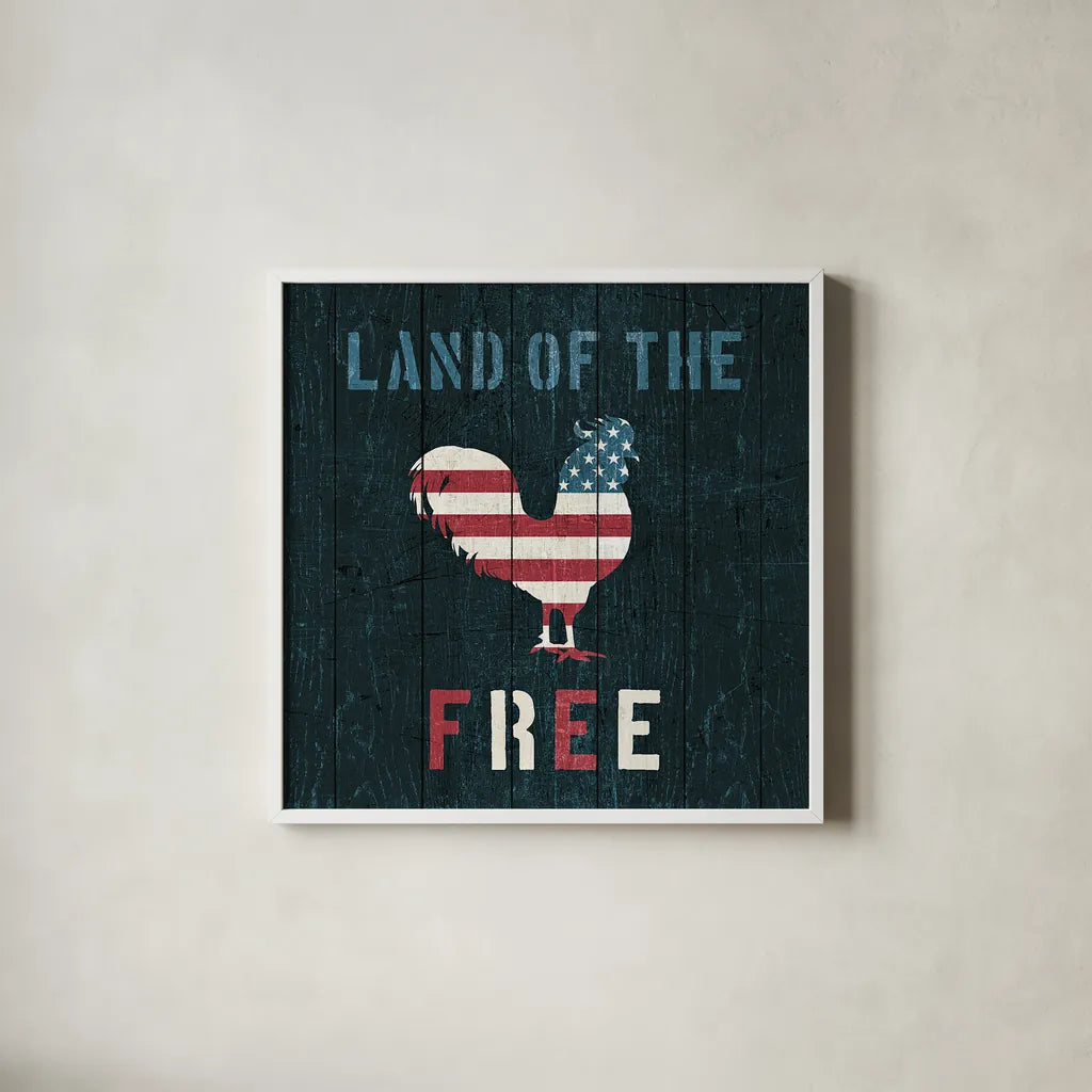 American Farm Rooster Red White and Blue by Michael Mullan. Shown in a crisp white glass frame for a clean and minimalist style. Available as an archival giclee rolled canvas, fine art paper, or poster print. SKU 17539a.