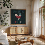 American Farm Rooster Red White and Blue by Michael Mullan. Shown in a natural wood frame in a cozy modern living room. Available as an archival giclee rolled canvas, fine art paper, or poster print. SKU 17539a.