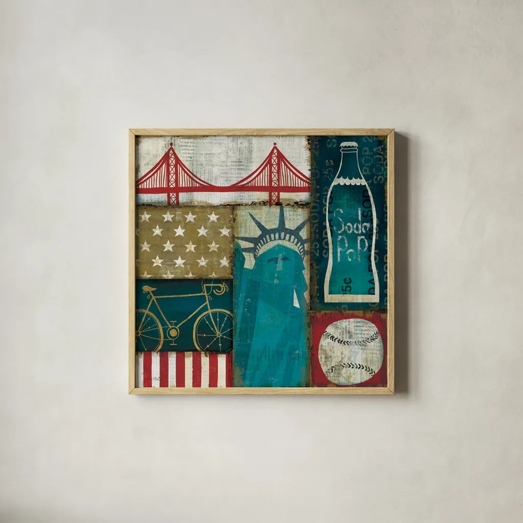 American Pop I by Michael Mullan. Shown in a natural wood glass frame for a timeless modern aesthetic. Available as an archival giclee rolled canvas, fine art paper, or poster print. SKU 2700a.