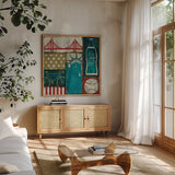 American Pop I by Michael Mullan. Shown in a natural wood frame in a cozy modern living room. Available as an archival giclee rolled canvas, fine art paper, or poster print. SKU 2700a.
